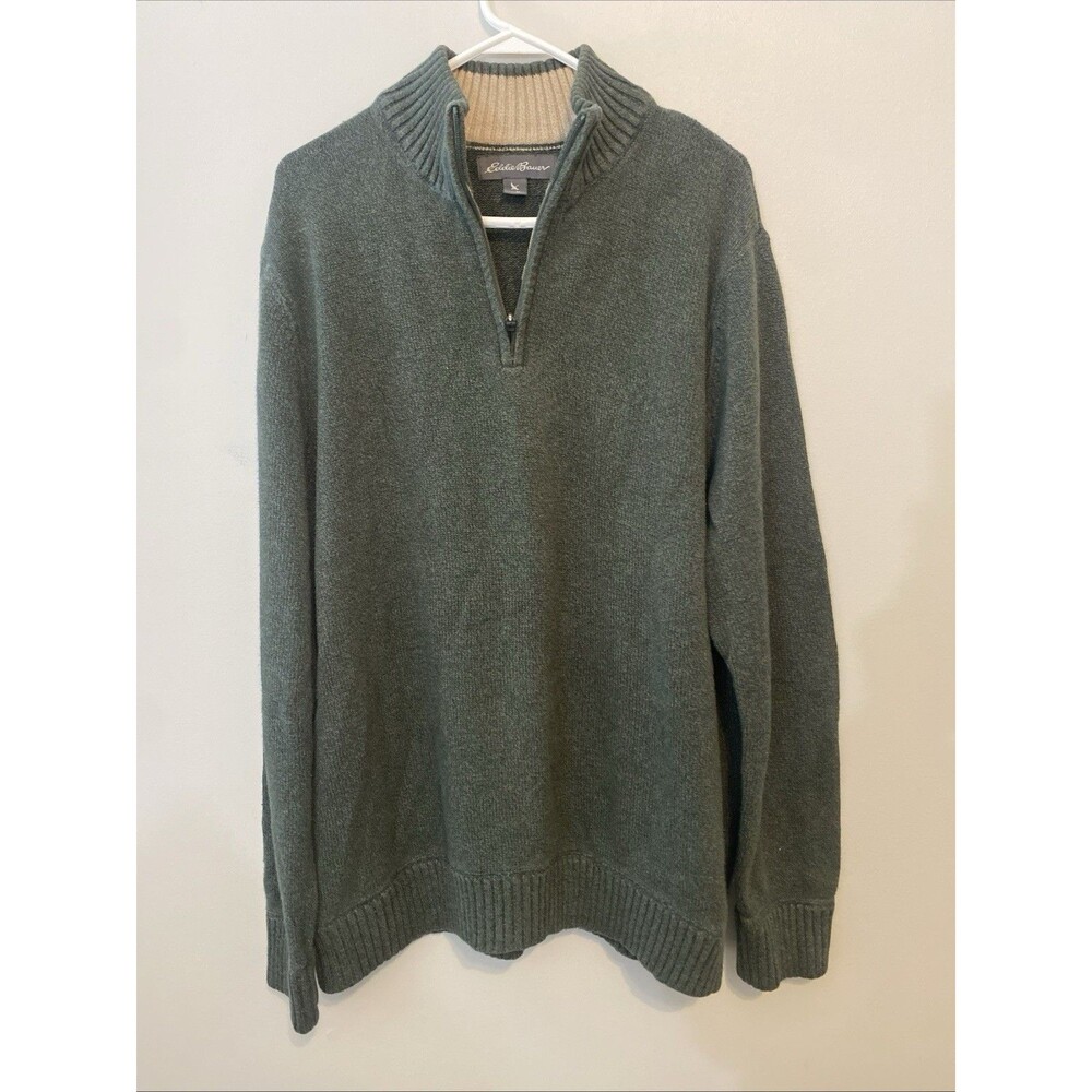 Eddie Bauer Mens Size XLarge Dark Green Half Zip Pullover Sweater 100% Cotton